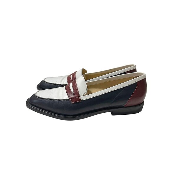 90s Kenneth Cole Spectator Penny Loafers Leather 7.5 Navy White Burgundy - Picture 3 of 9